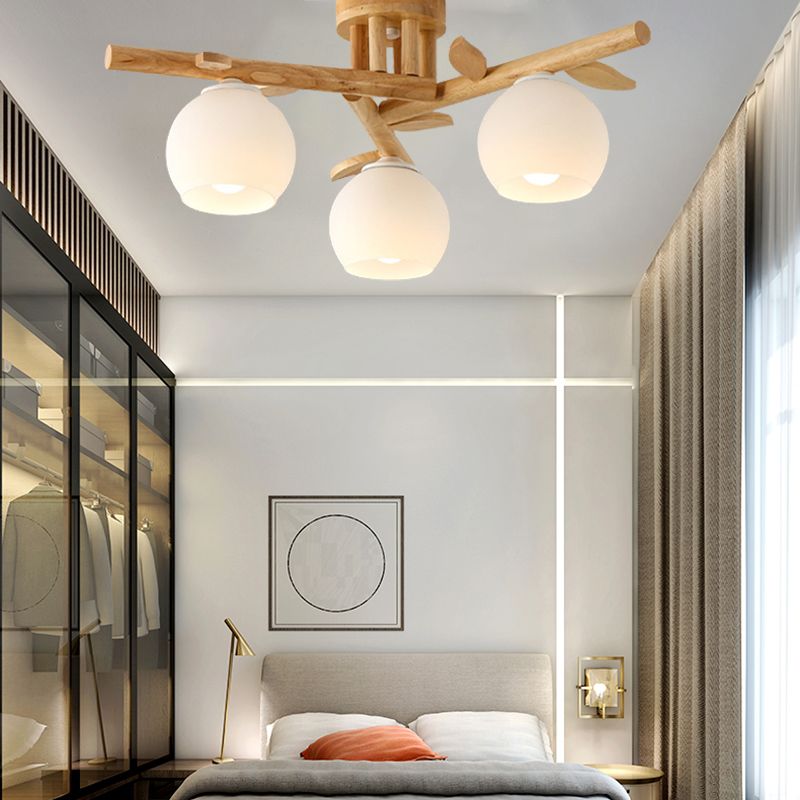 Sphere Dining Room Ceiling Lamp Opal Glass Creative Semi Flush Ceiling Light with Wooden Branch in Beige
