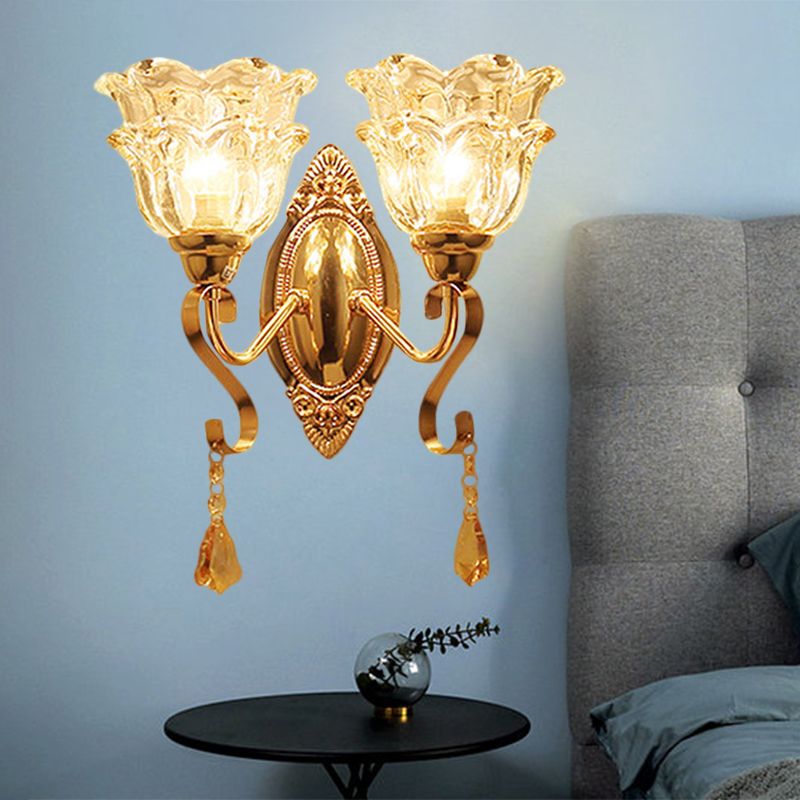 Gold 2 Lights Sconce Lamp Fixture Traditional Clear Crystal Glass Flower Shade Wall Lighting