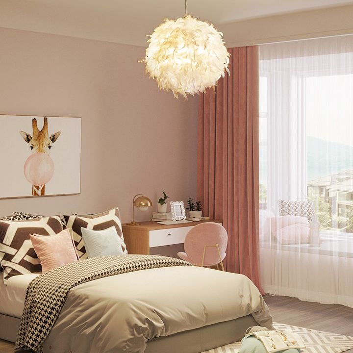 Feather Shaded Suspension Pendant Minimalist 1 Head White Hanging Lamp for Dining Room