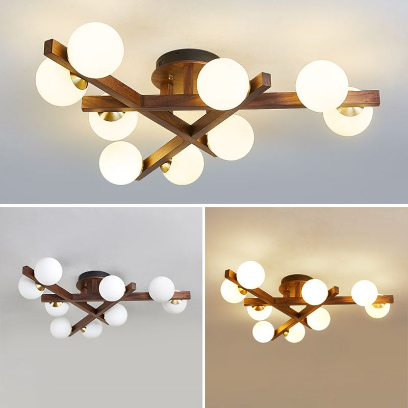 Log Color Sputnik LED Semi Flush Mount in Modern Luxury Style Wooden Ceiling Light with Opal Glass Shade