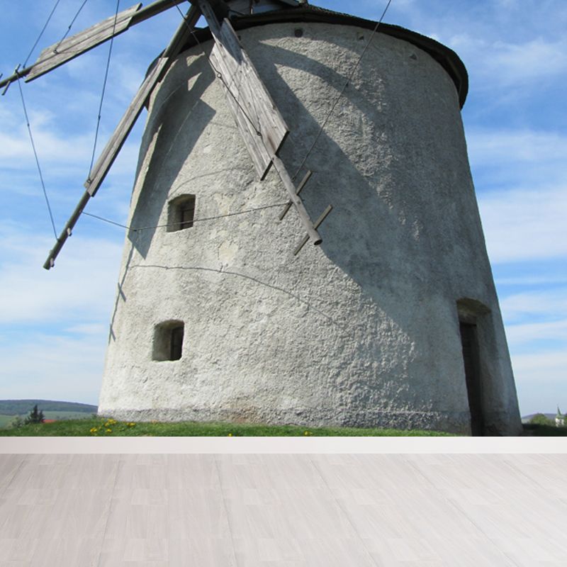 Giant Contemporary Wall Mural in Blue Windmill and Sky Scene Wall Decor, Custom Printed