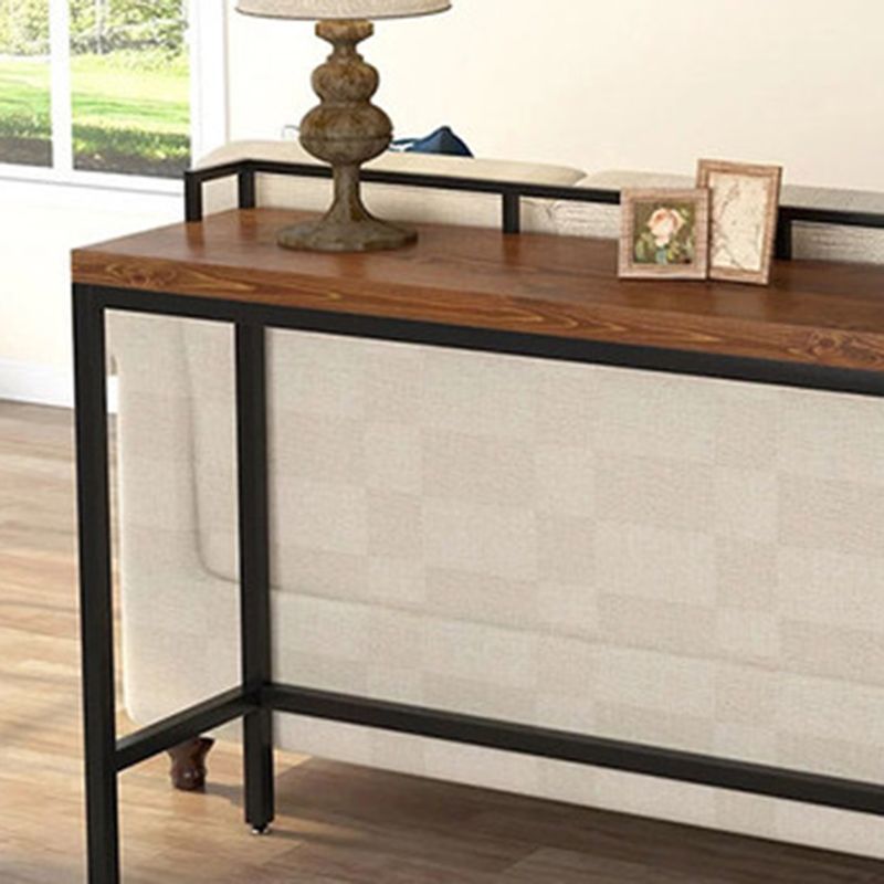 Modern Bar Dining Table Indoor Rectangle Wood Bar Table Trestle Iron Base in Brown
