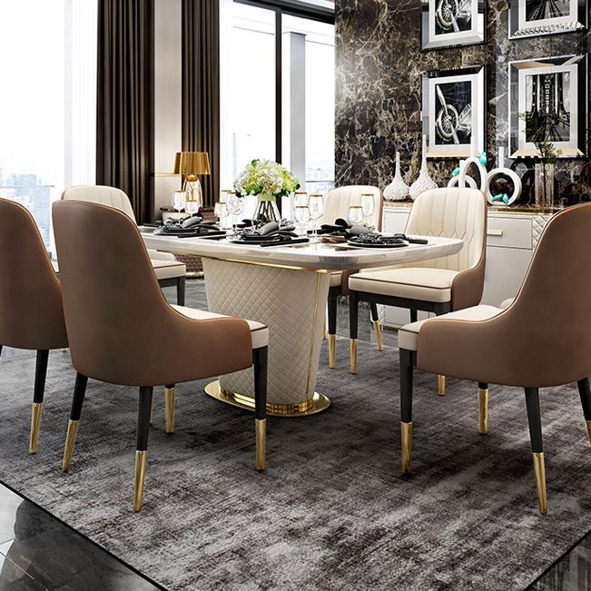 Glam Marble Rectangle Shape Dining Table Standard Kitchen Dining Table with Pedestal Base