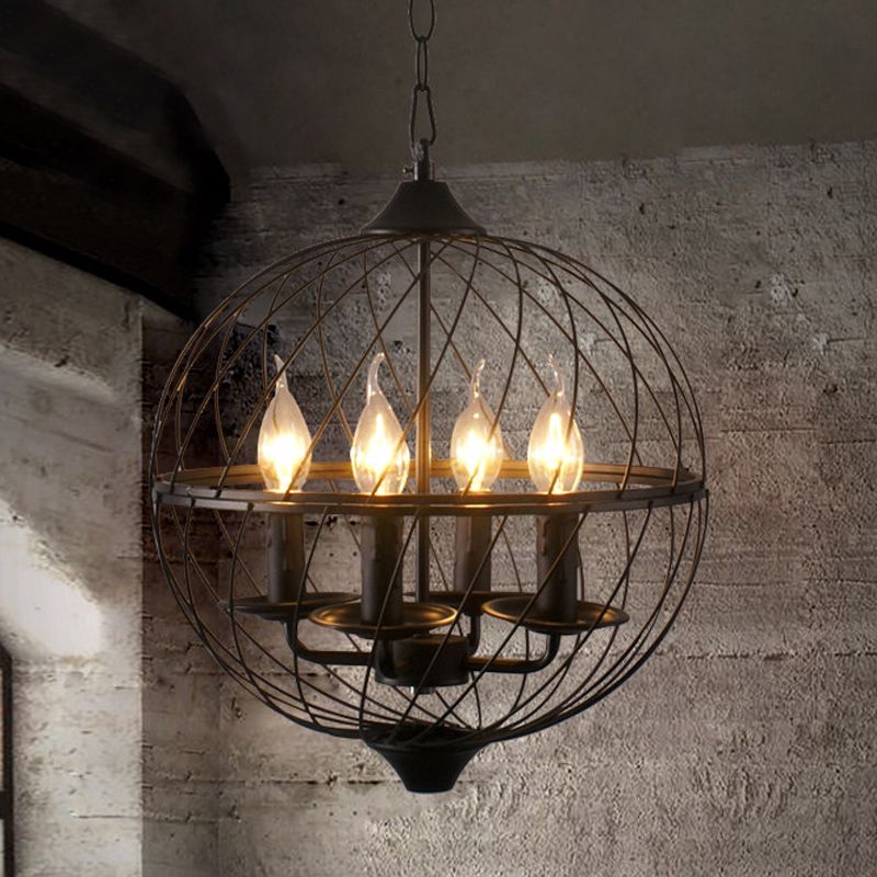 Iron Black Chandelier Lighting Global Mesh Shade 4 Bulbs Industrial Ceiling Light Fixture with Adjustable Chain for Dining Room
