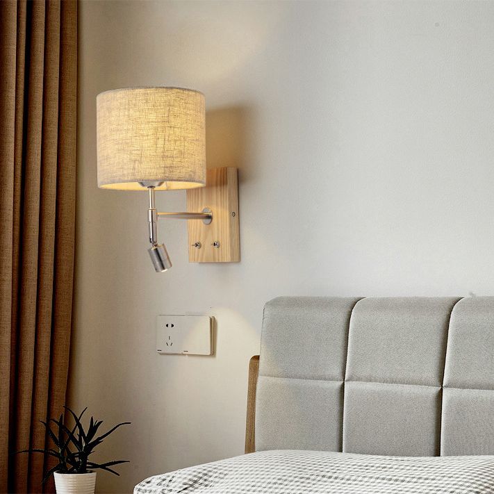 Cylinder Fabric Shade Bedside Reading Wall Light 2-Lights Wooden Simplicity Wall Sconce