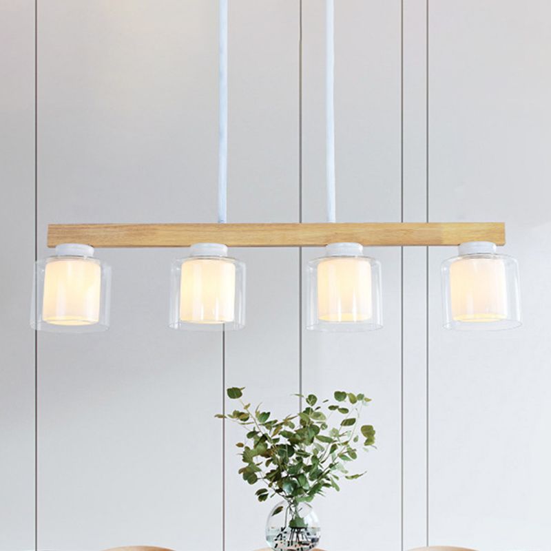 Double Glass Cylinder Shade Island Lighting Restaurant 3/4-Head Nordic Wooden Linear Pendant in White