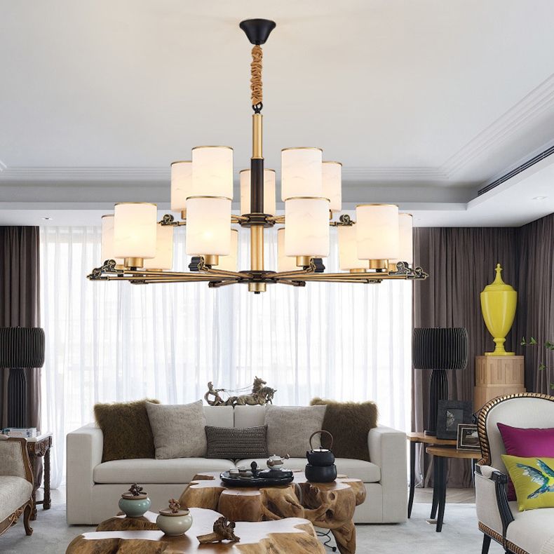 Contemporary Indoor Hanging Light Metal Cylindrical Chandelier with Glass Shade