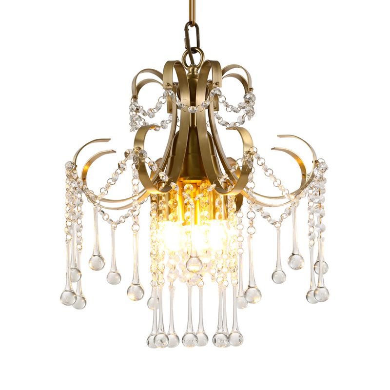 Curvy Arm Crystal Beads Ceiling Pendant Modern 3 Bulbs Bedchamber Chandelier Lamp in Gold