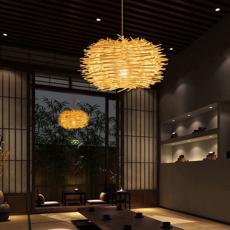 Bamboo Handcrafted Ceiling Light Asian Style 1 Bulb Wood Hanging Lamp for Restaurant