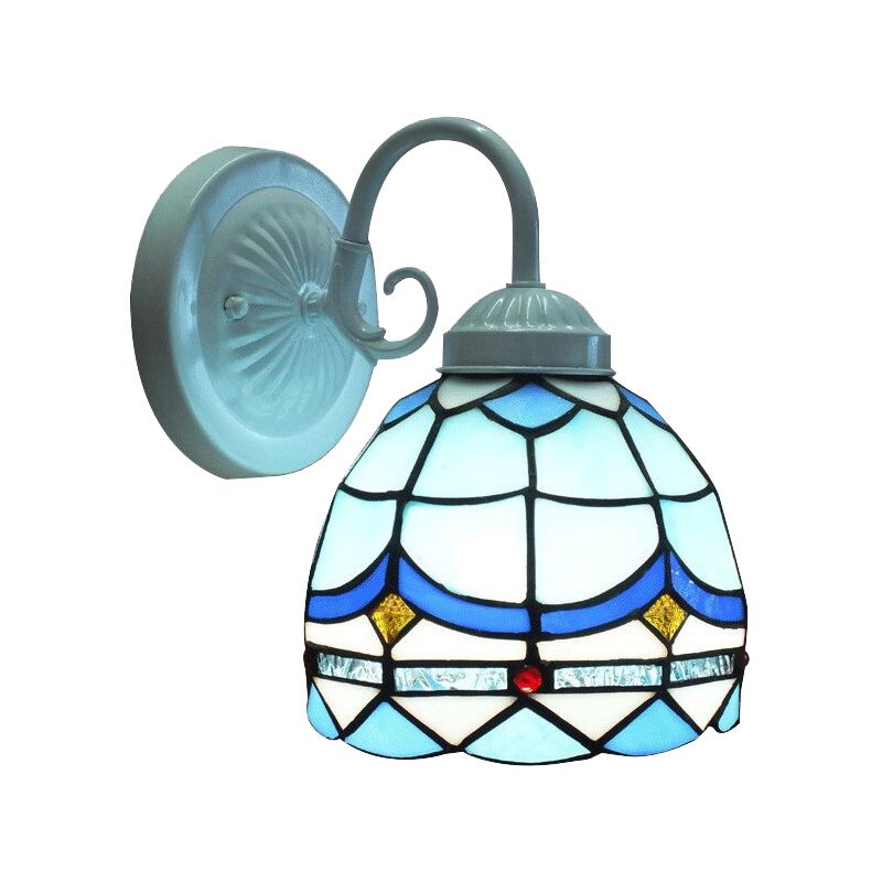 Tiffany Domed Small Wall Light Stained Glass 1 Head Blue Wall Sconce in White Finish for Living Room
