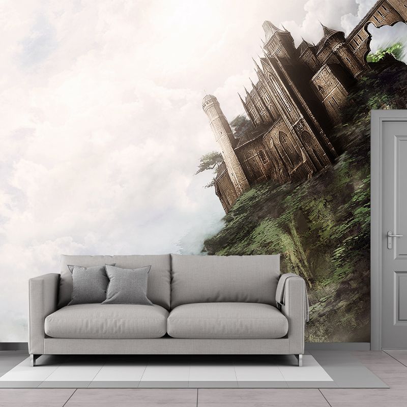 Non-Woven Huge Brown Mural Modern Cloudy Wonderland with Tilting Castle Wall Art, Custom Made