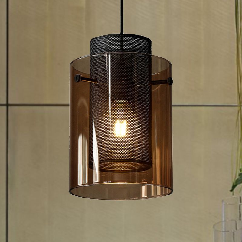 Amber Cylinder Pendant Lamp with Hollow Mesh Screen 1 Bulb Modern Hanging Light for Kitchen
