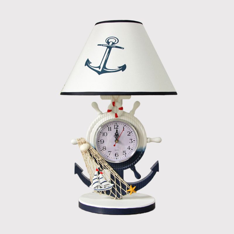 Illuminazione da tavolo con base del timone Lampada da comodino in resina stile bambini con lampadina singola sfumata blu con design a orologio