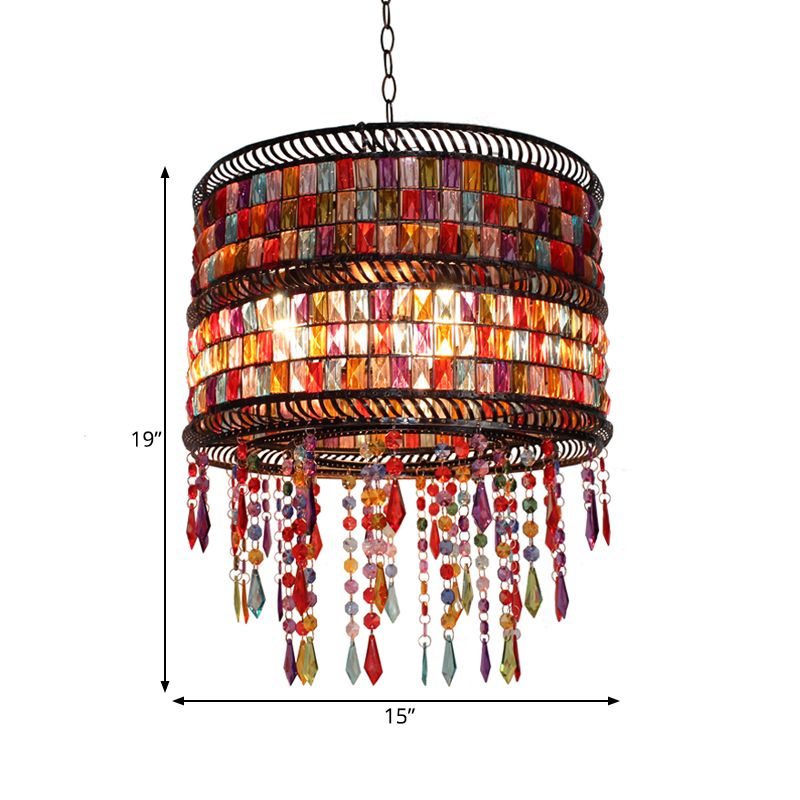 Metal Drum Chandelier Pendant Light Art Deco 3 Heads Living Room Drop Lamp in Bronze with Crystal Draping