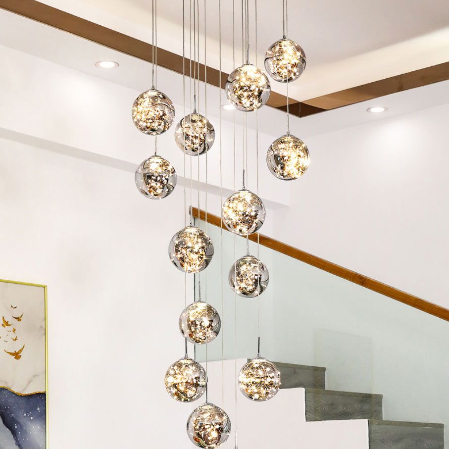 Moderno lampada sospesa sferica a pendente a pendente a 15 luci a 15 luci con tonalità di vetro per le scale