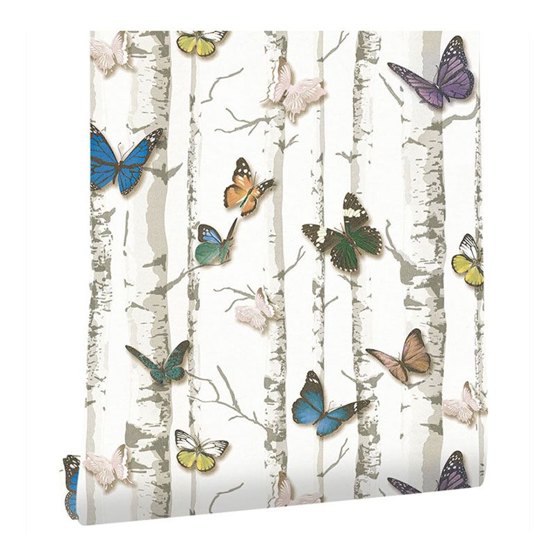 Birch Tree and Butterfly Wallpaper Roll Peel and Stick Wall Covering for Coffee Shop