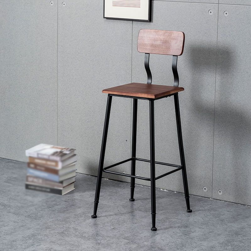 Industrial Style Ironwork Barstool Solid Wood Seat Bar High Chair with Backrest