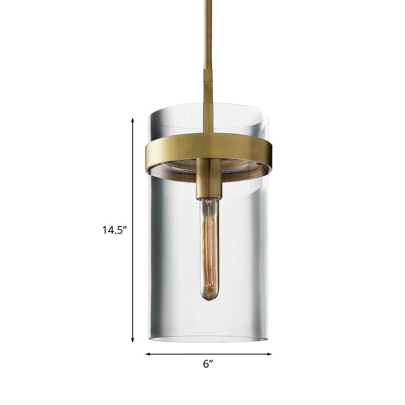Brass Cylinder Ceiling Pendant Light Postmodern 1 Light Clear Glass Hanging Lamp Kit