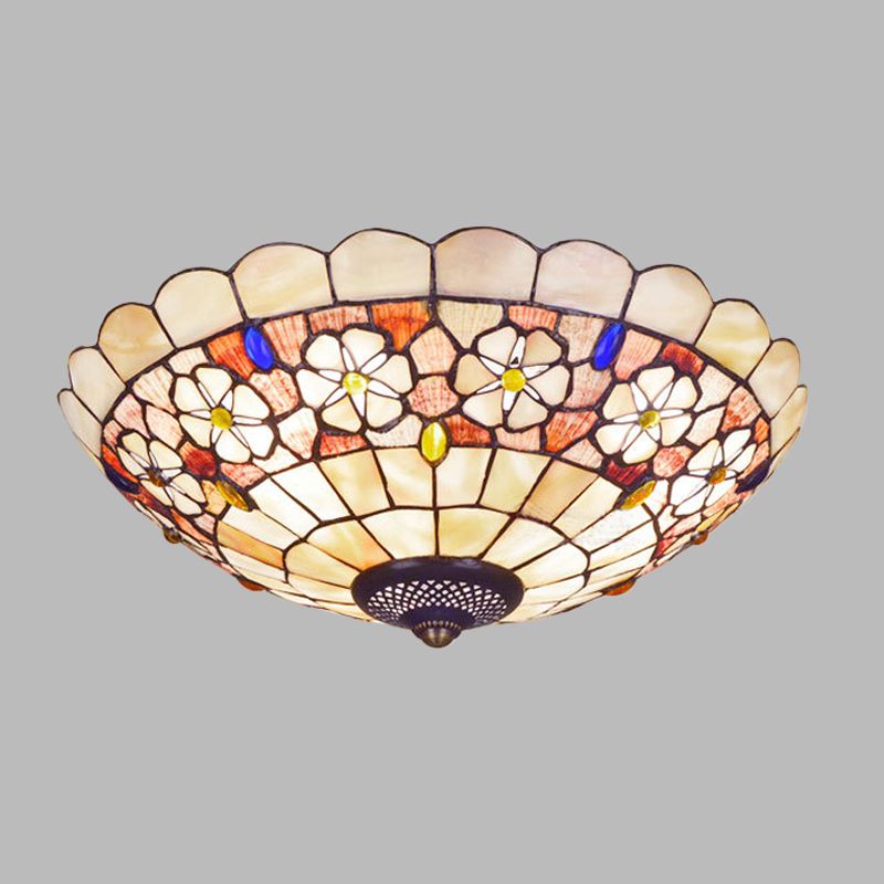 12"/21" Dia 3/4-Light Flush Mount Lamp Tiffany Bowl Shell Ceiling Fixture with Blossom Pattern in Beige