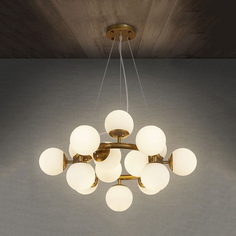 Gold Spherical Chandelier Modernist 15 Lights White Glass Hanging Pendant Light
