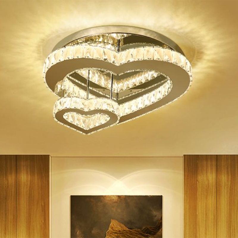 Heart-Shape Bedroom Ceiling Lighting Crystal Block LED Minimalist Semi Flush Mount in Chrome, Warm/White Light