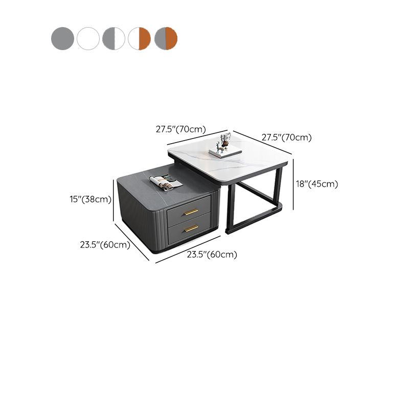 Modern Square Stone Coffee Table with Drawers 2 Nesting Cocktail Table Set