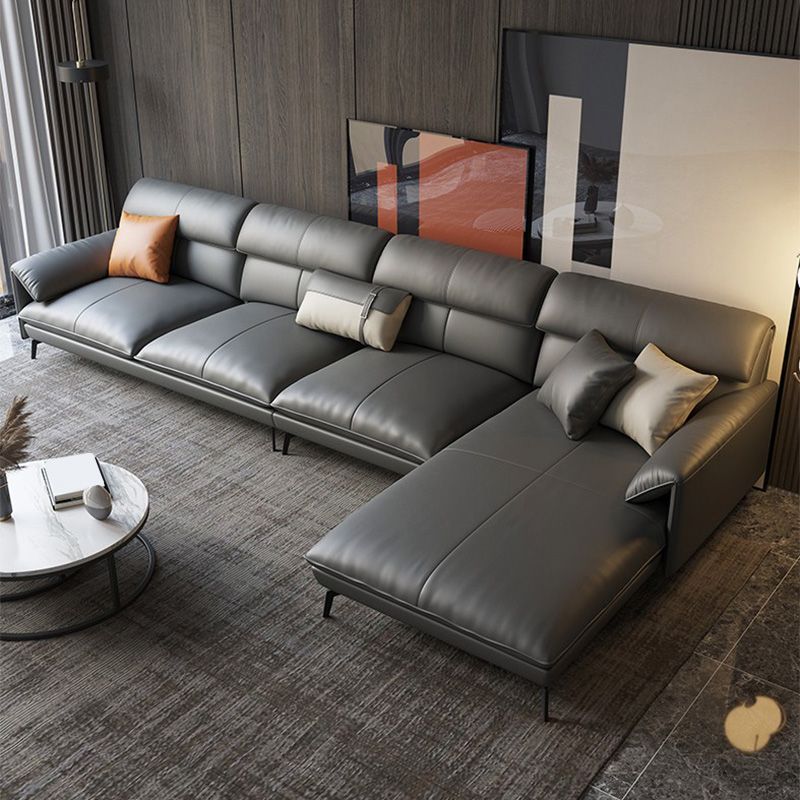 Genuine Leather Sectional Dark Gray Pillow Top Arm Sectional for Living Room