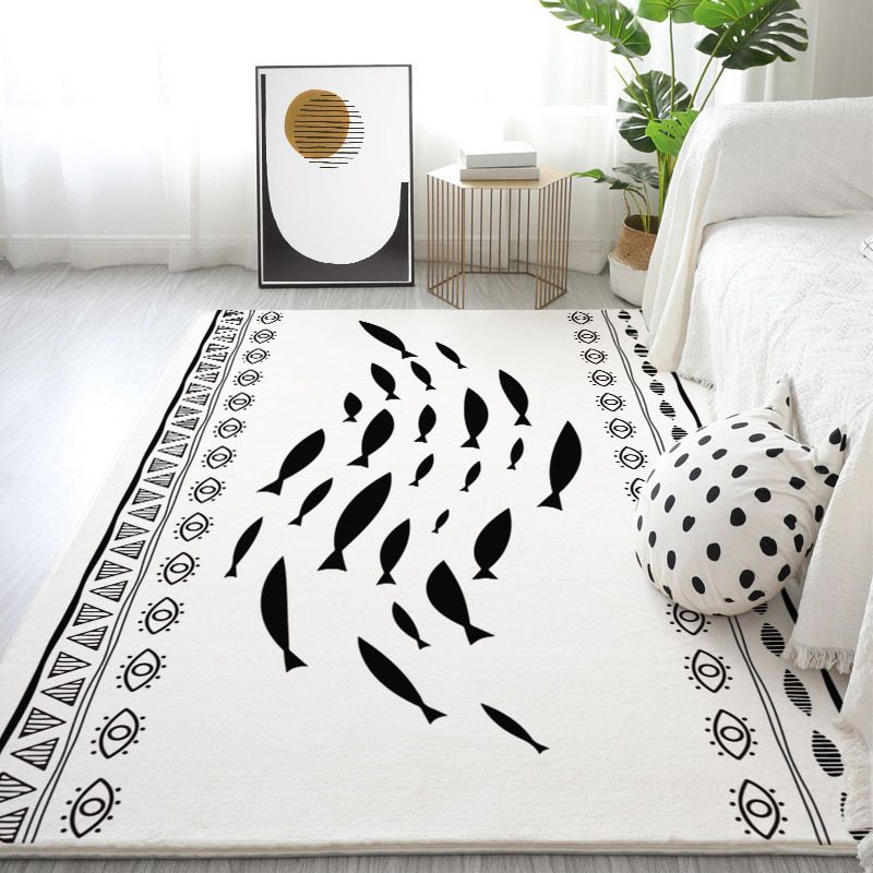 White Modern Rug Polyester Line Area Rug Non-Slip Backing Rug for Drawing Room