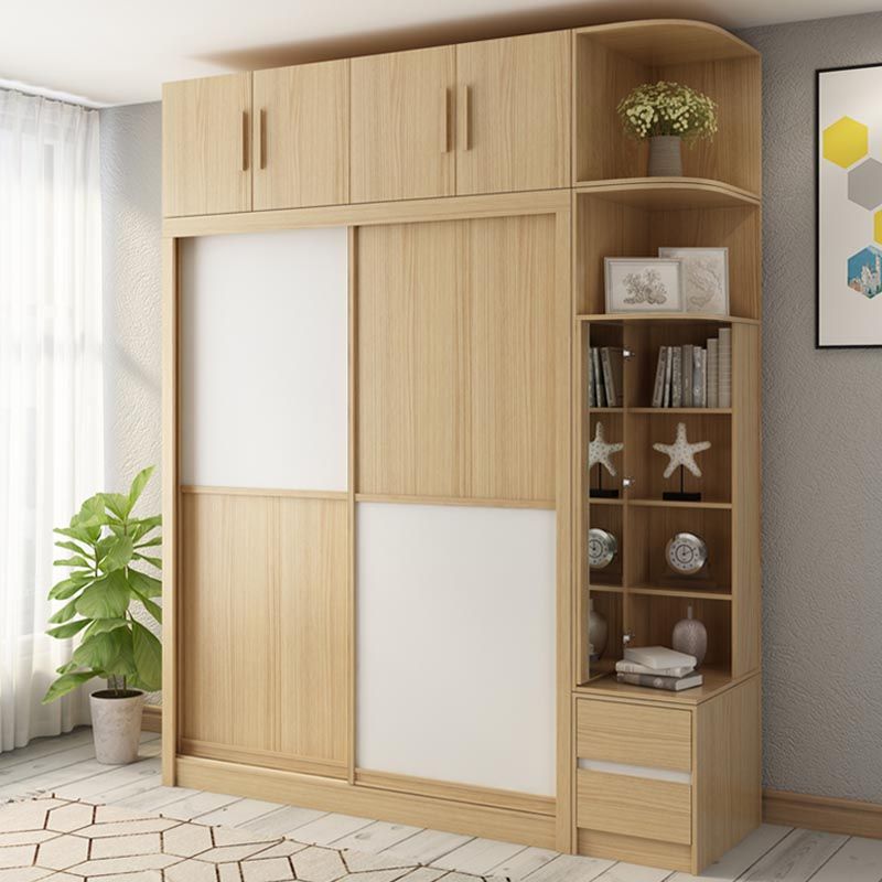 Modern Natural Wardrobe Armoire Engineered Wood Wardrobe with Drawer