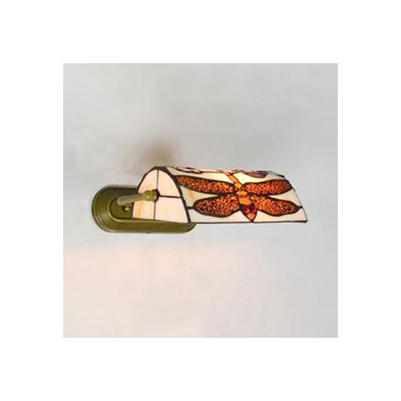 Beige Banker Wall Sconce without/with Pull Chain Vintage Stained Glass 1 Head Wall Sconce Lighting with Dragonfly Pattern