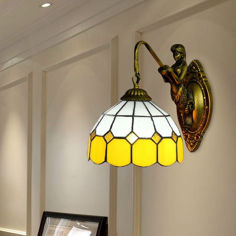 Grid Patterned Sconce Light Baroque Yellow and White Glass 1 Head Brass Wall Mount Light