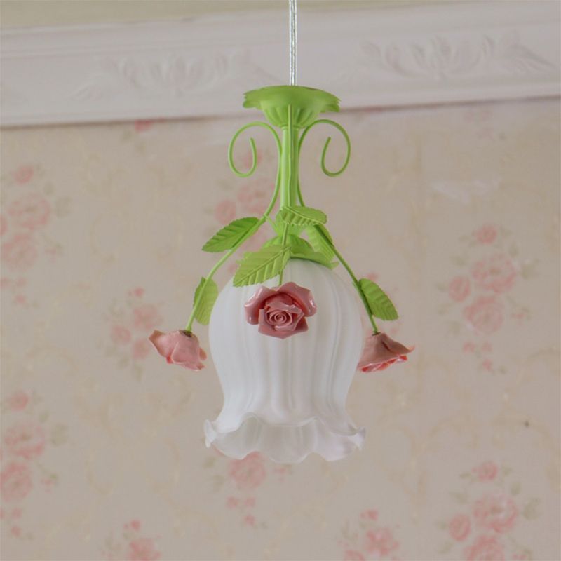 Pink 1 Head Hanging Ceiling Light Rural Opal Glass Scallop Suspension Pendant with Flowers Deco