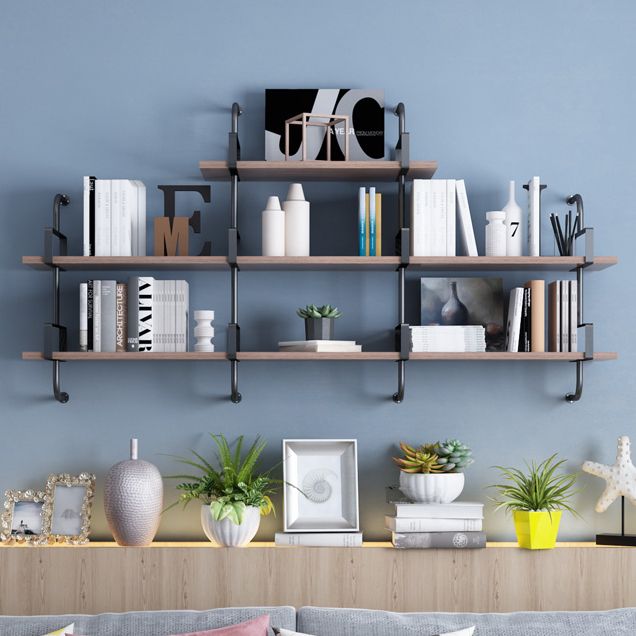 Contemporary Pine Solid Wood Bookcase Wall Mounted Metal Frame Closed Back Bookshelf