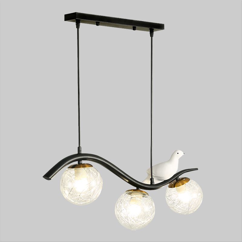 Ball Shade Hanging Lamp Kit Modernism Clear/White Glass 3 Heads Black Island Lighting with Pigeon Decor