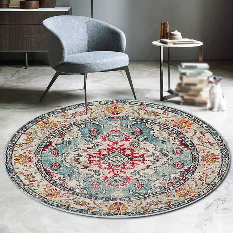 Antique Round Carpet Retro Floral Print Indoor Rug Polyester Non-Slip Backing Carpet for Living Room