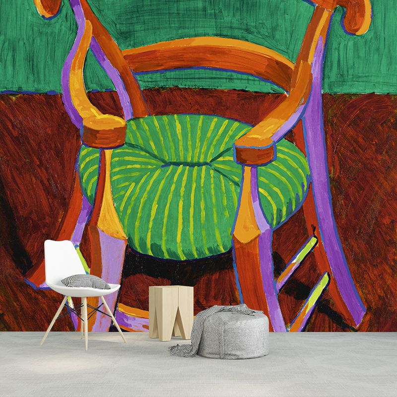 Orange-Green Art Wallpaper Murals Large Wooden Chair Drawing Wall Decor for Hallway