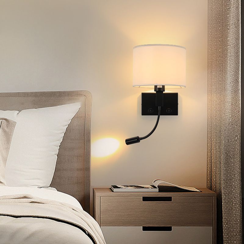 Modern Cylinder Wall Light Fixture Fabric 2 Lights Wall Sconce for Bedroom