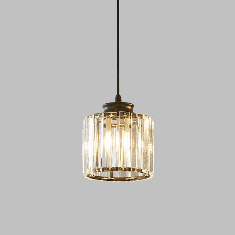 Black Drum Pendant Light Modernist 1 Head Clear Crystal Ceiling Hang Fixture for Living Room
