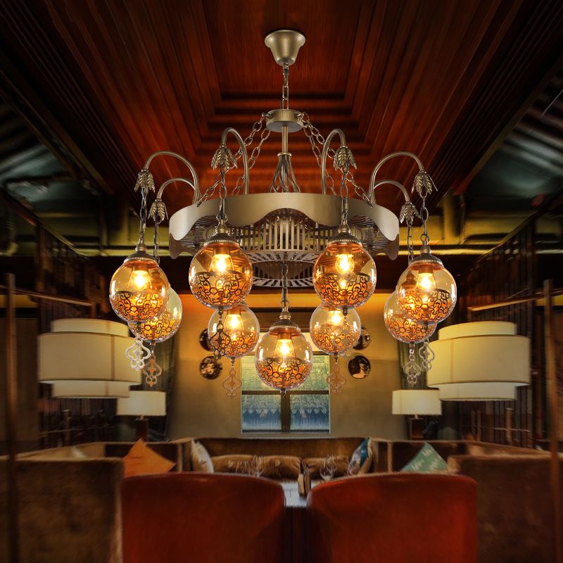 Traditional Ball Chandelier Lighting 9 Heads Tan Glass Suspension Pendant Lamp for Restaurant