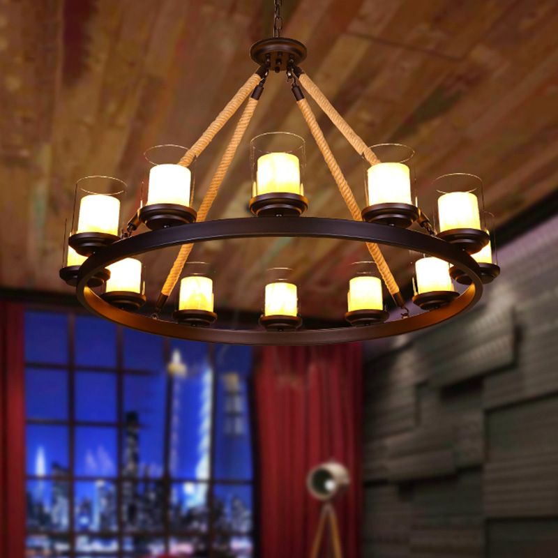 Clear Glass Cylindrical Suspension Lamp Farmhouse Living Room Chandelier with Rope Arm