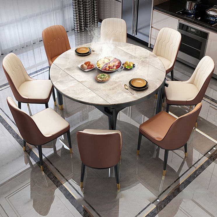 Contemporary Extendable Stone Dining Table with Wood Base and Double Drop Leaf