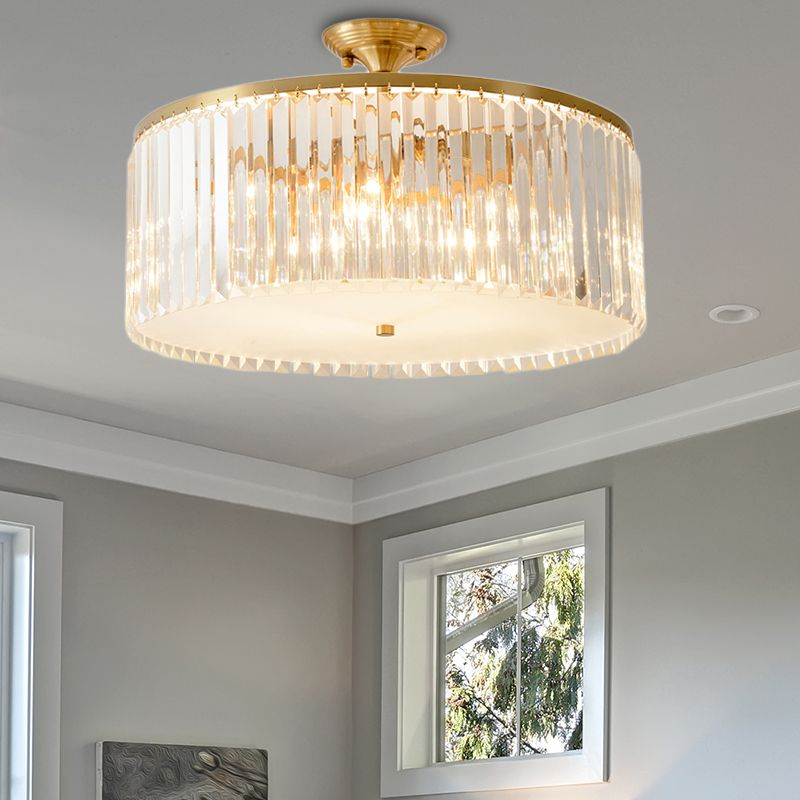 4/5/6 Bulbs Drum Semi Flush Ceiling Light Modern Clear Crystal Ceiling Lamp in Gold for Living Room