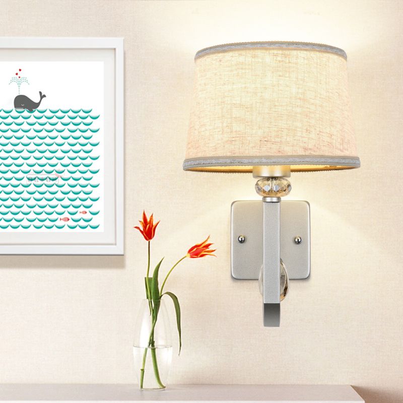 Fabric Drum Shade Wall Mount Lamp Modern 1 Light Sconce Wall Light with Metal Square Backplate in Silver