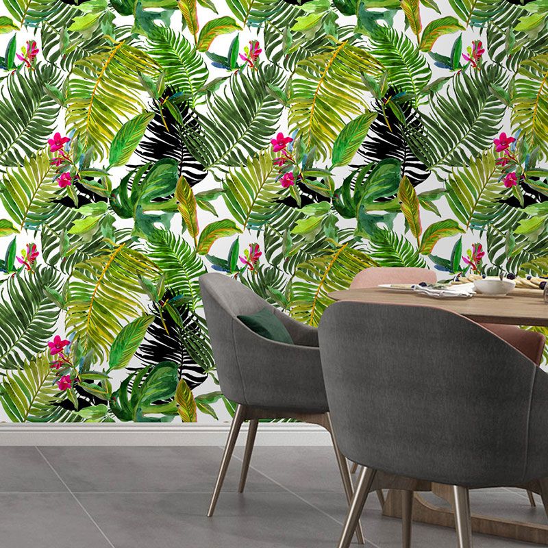 Green and Red Minimalist Wallpaper 29.1 sq ft. Palm Tree Wall Covering for Thai Restaurant