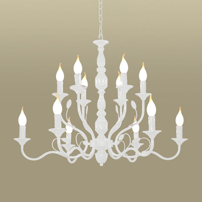 2-Tier Candle Living Room Chandelier Lighting Traditionary Metal 10/12/16 Heads White Hanging Pendant Lamp