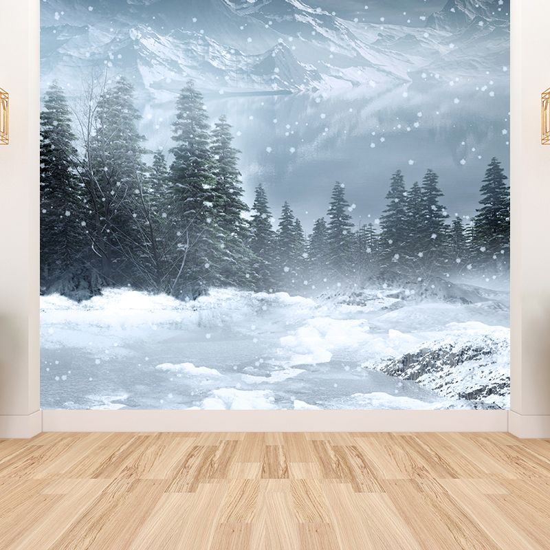 Contemporary Winter Pine Trees Mural White Waterproofing Wall Decor for Boys Room