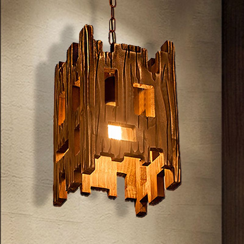 Brown Rectangle Pendant Fixture Antique Etched Wood 1/2/3-Light Dining Room Hanging Ceiling Light