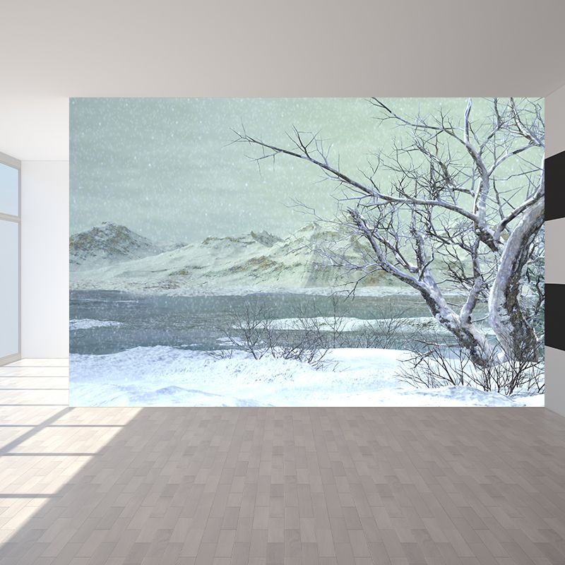 Illustration Style Winter Hills Mural Giant Wall Covering for Dining Room, Custom