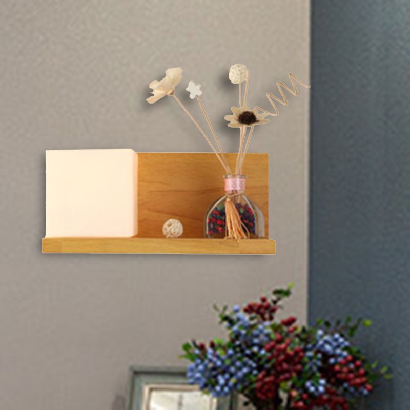 Contemporary Beige Wall Lamp with Fake Plant Deco Cube Shade 1 Light Wood & Milk Glass Sconce Light for Bedroom
