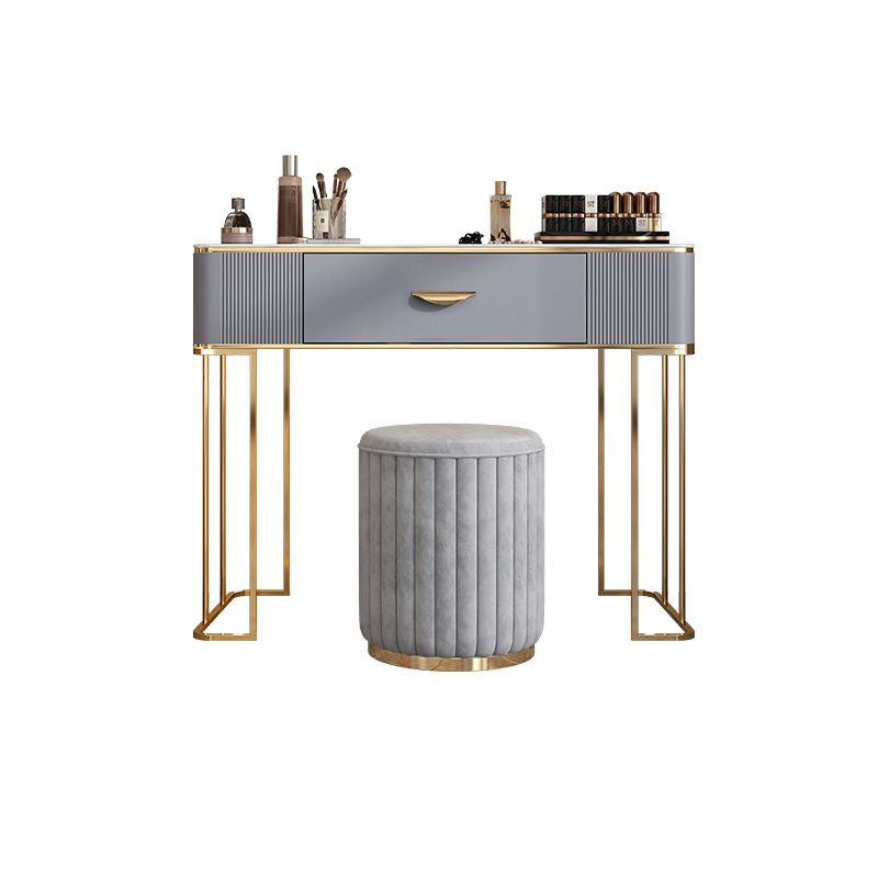Solid Wood Drawers Vanity Set with Stone Top & Padded Stool in Grey